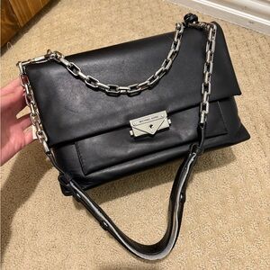 Michael Kors Black Leather Shoulder Bag with Silver Chain